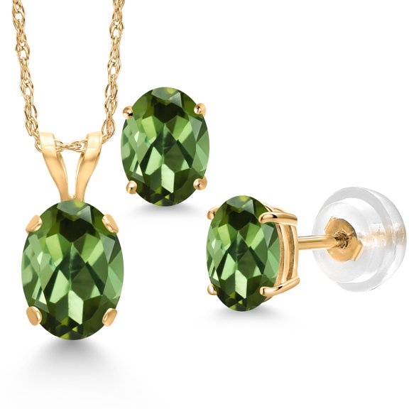 Gem Stone King 14K Yellow Gold Green Tourmaline Pendant Earrings Jewelry Set for Women | 1.70 Cttw | Gemstone October Birthstone | Oval 7X5MM | with 18 inch Chain