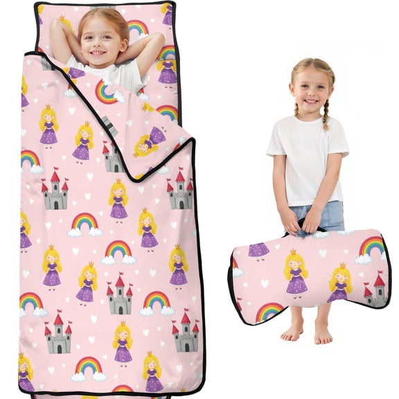 Princess and Castle Pink Pattern Teens Toddler Nap Mat with Pillow, Sleeping Mat Bag for Preschool Daycare 59"x22"