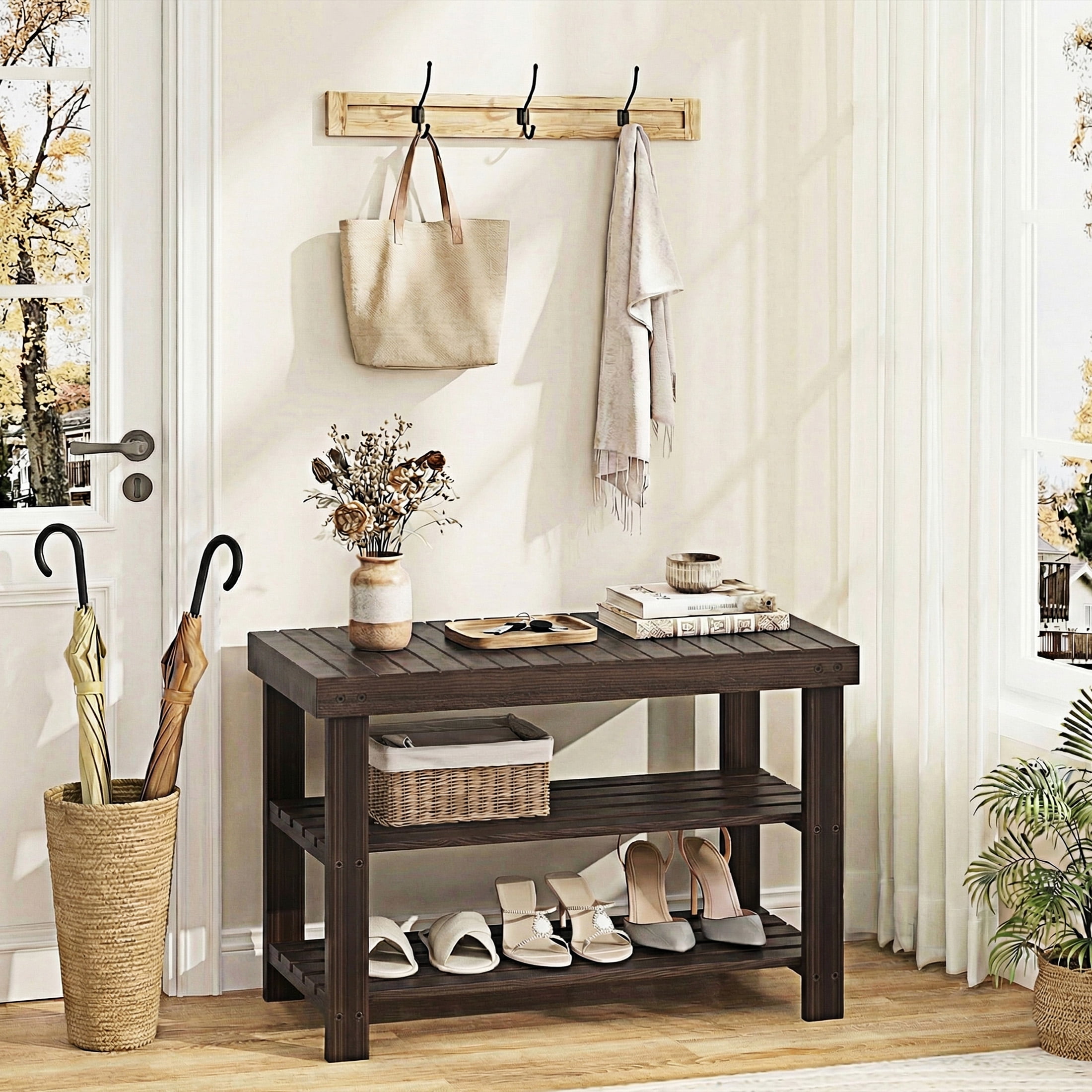 EDX 3 Tier Bamboo Shoe Rack Bench, 11.3'' x 35.4'' x 18'' Storage Seat Organizer with 286lb Capacity for Entryway,  Bedroom and Living Room,  Brown
