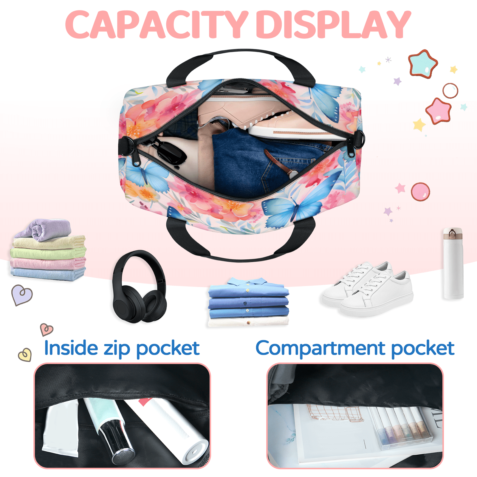 Herdesigns Blue Butterfly Pink Flowers Travel Duffle Bag Sports Yoga Weekender Overnight Carry on Workout Bags Lightweight Waterproof Gym Tote Bag for Women