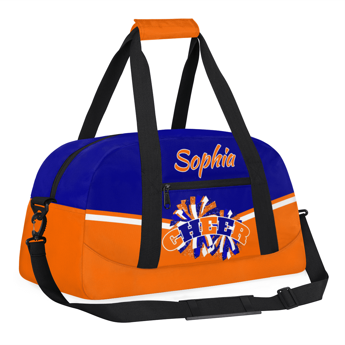Jiaoprinted Personalized Cheer Bag, Custom Sport Duffel Bag with Name, Customized Cheerleader Dance Bag, Sport Gym Bag Overnight Weekender Bags, Blue Orange