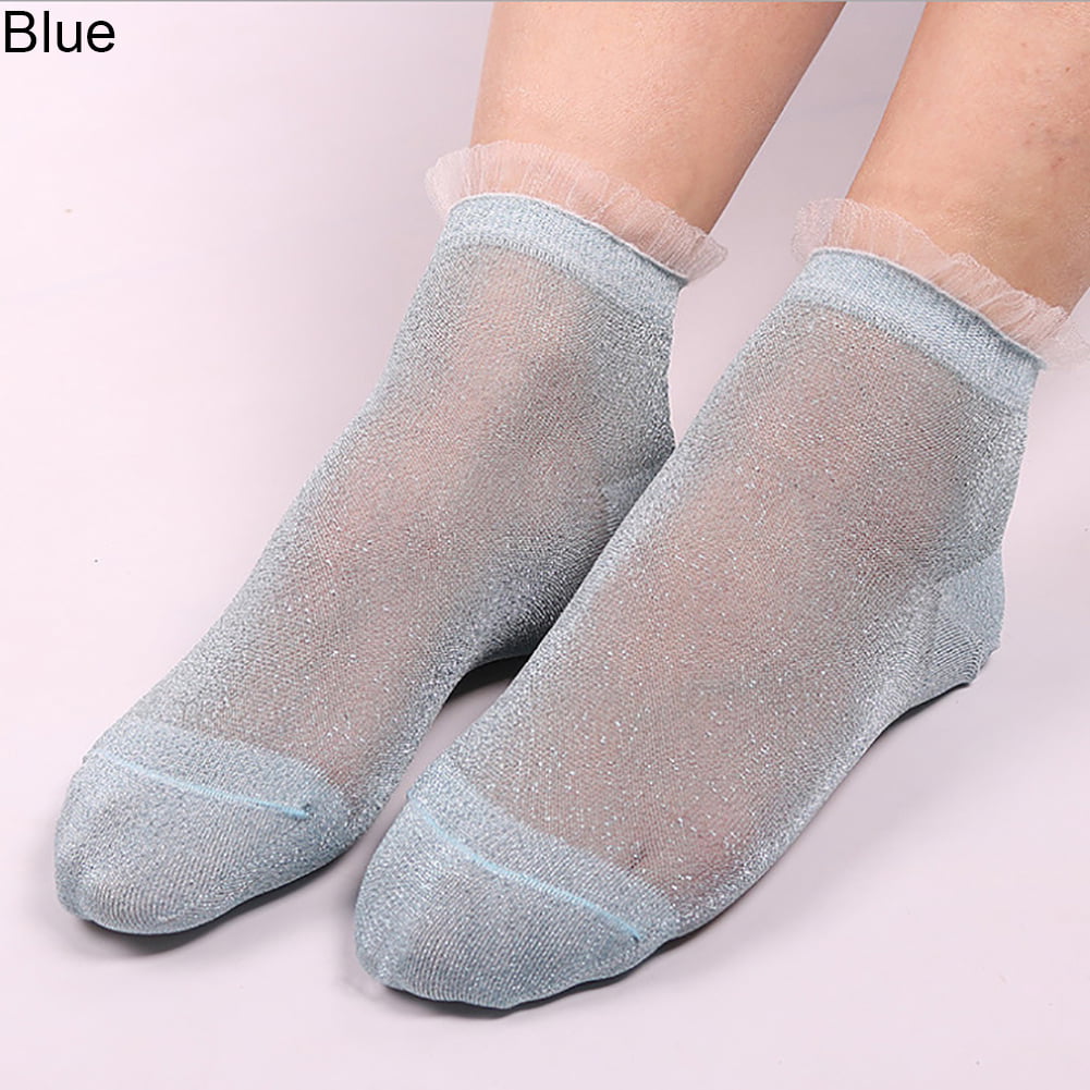 1P Blue Sheer Glitter Shine Ultra Thin Soft Beaded Ankle High Anklet Sock Retro 