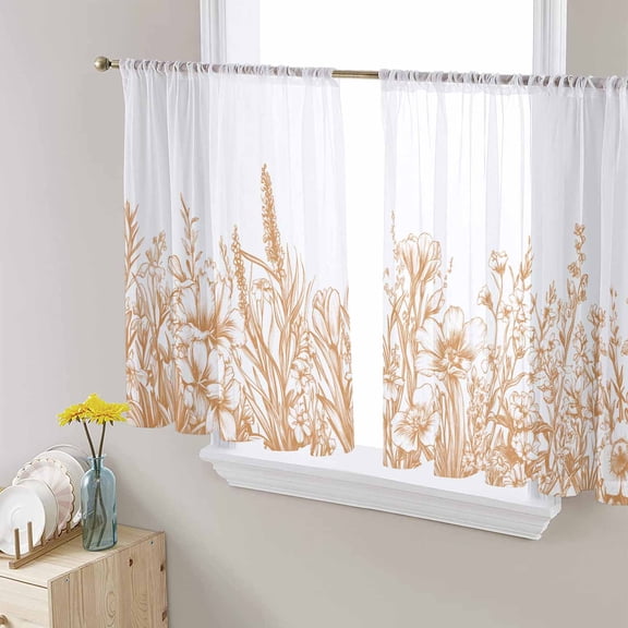 Brown Plants Sheer Curtains 45 Inch Length 2 Panels Set for Living Room/Bedroom, Lavender Floral Spring Wildflower White Semi Curtain Sheers Drapes Rod Pocket Curtains Window Treatment 52''x45''x2
