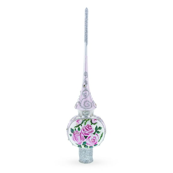 Pink Flowers Bouquet on Silver Glass Christmas Tree Topper 11 Inches