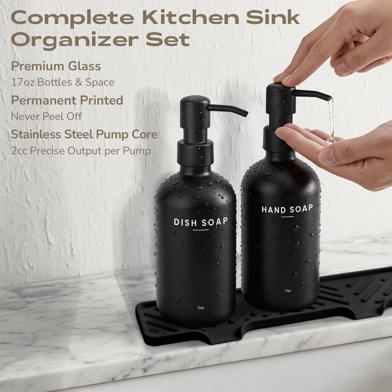 Kitchen Soap Dispenser Set - 17fl oz Glass Bottle, Stainless Steel Pump, Instant Dry Tray and Dish Brush for Bathroom, Office, Hotel, Modern Kitchen Decor & Accessories, Black