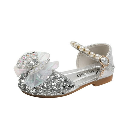 

Fsqjgq Light Up Kid Shoes Kids Shoes Autumn New Children Princess Shoes Bow Knot Leather Shoes Dance Performance Shoes Round Toe Buckle Dress Shoes Court Shoes for Girls Pu Silver 25