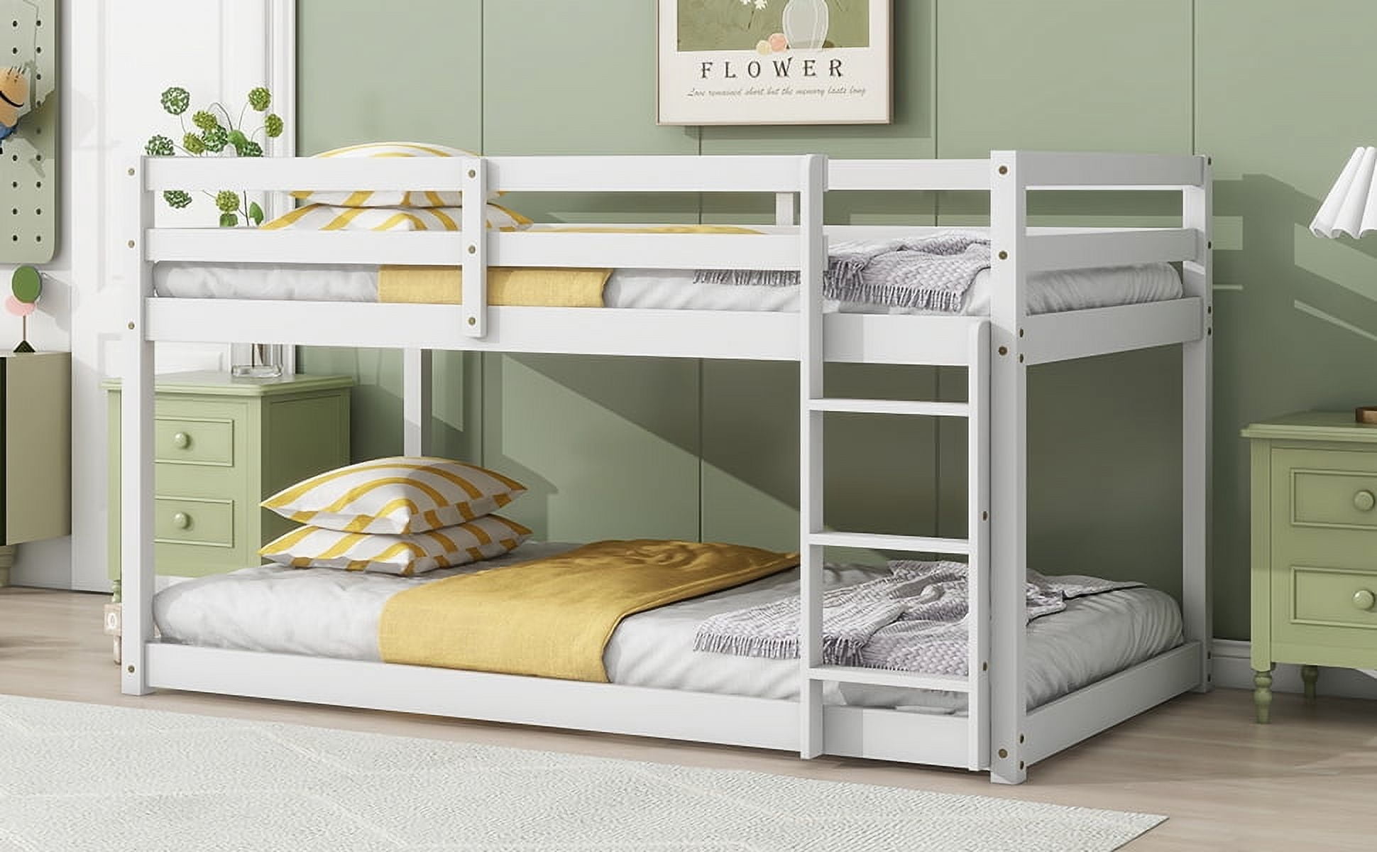 Sailvan Twin over Twin Floor Bunk Bed with Ladder, Solid Wooden/Solid Rubber, Upper and Bottom Bed Platforms crafted with Strengthened Slats