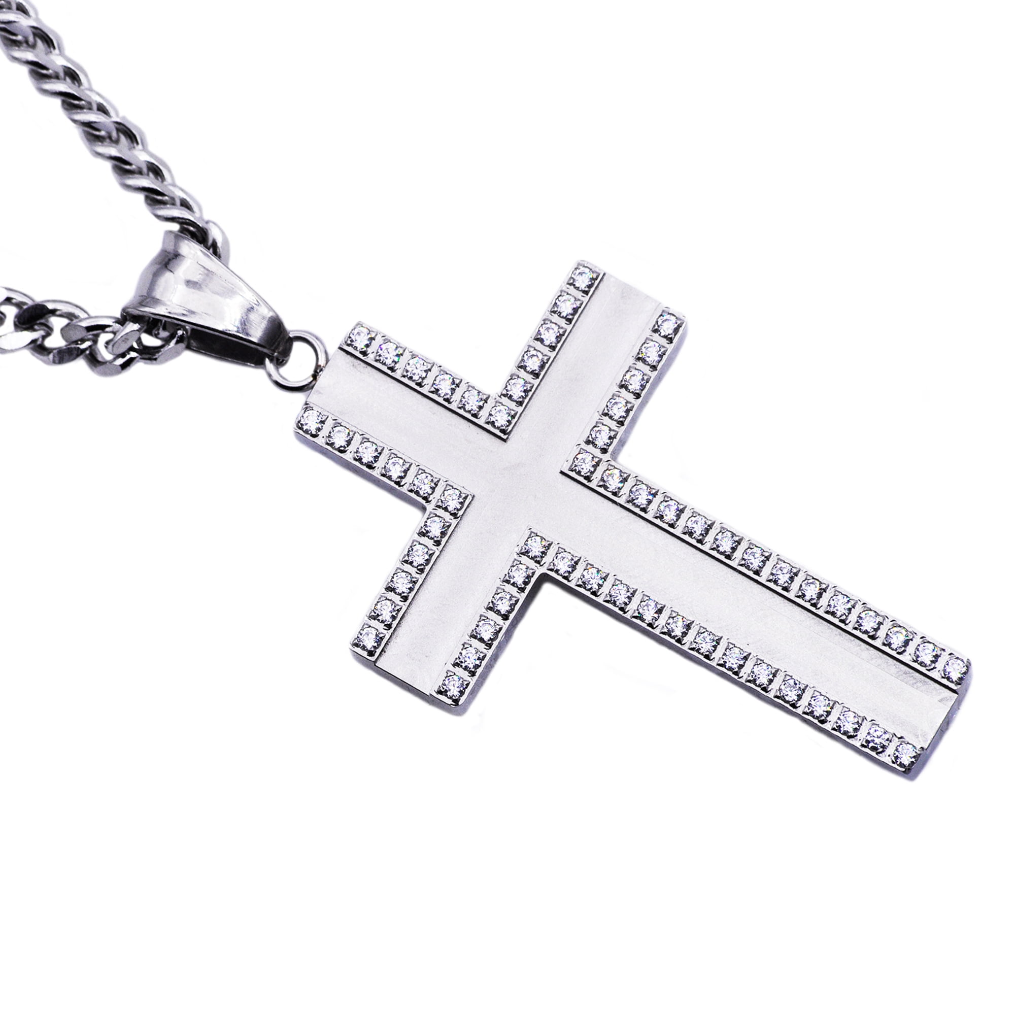 Arista Cubic Zirconia Men's Cross Pendant in Stainless Steel, 24"
