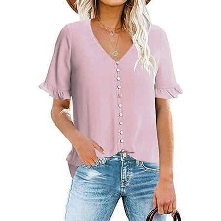 

Fashion Women Casual V-Neck Tops Ruffle Short Sleeve Solid Blouses T-Shirts Women S Tops Tees & Blouses Pink S