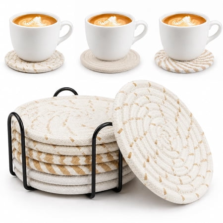 8 Pcs Drink Coasters with Holder Different Cotton Woven Coaster Set Absorbent Coaster Protection for Various Cups Ideal for Coffee Tables Home Decor and Gift 4.3inch Black