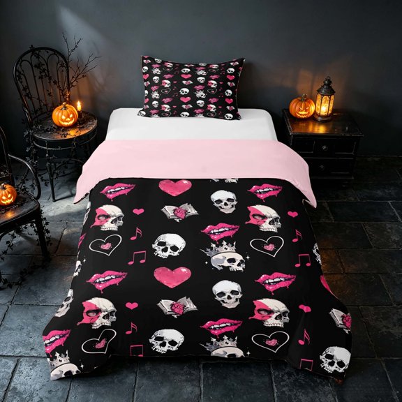 Homewish Halloween Skull Skeleton Twin Duvet Cover for Girls, Love Heart Lips Twin Bedding, Black Hot Pink White, Pink Reversible 2pcs, 1 Duvet Cover and 1 Pillowcase