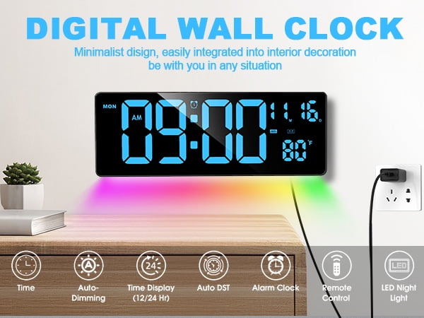 XREXS Digital Wall Clock Large Display, 16.5" LED Wall Clock with 6 Color Changes Night Lights, Auto DST, Count Up/Down Timer Clock with Remote Control for Living Room Bedroom Office Wall Decor