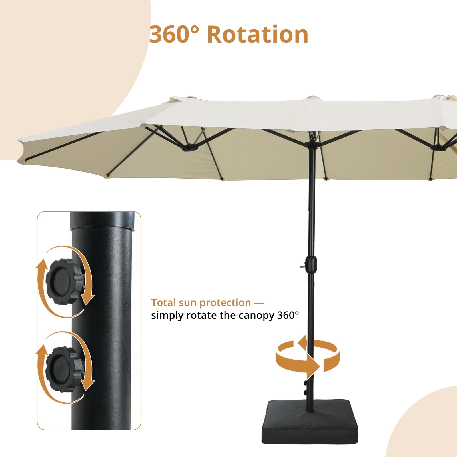 Richya 15 FT Outdoor Patio Umbrella, Large Rectangular Double Sided Market Table Twin Umbrellas with Crank Handle for Deck Pool(Beige)