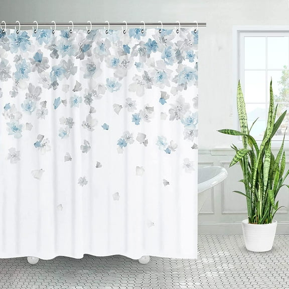 Floral Shower Curtain, Blue and Gray Shower Curtain, Weeping Flower Shower Curtain with 12 Hooks Light Blue Simple Shower Curtain for Bathroom, Light Grey Waterproof Decorative, 72" W x 72" H