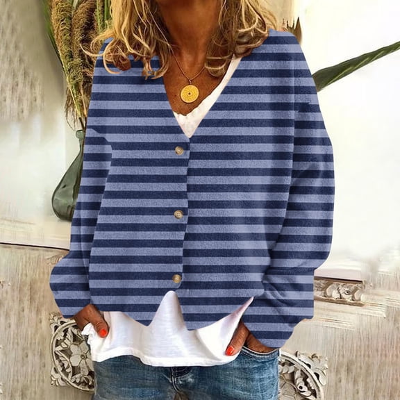 Women's Striped Cardigan Sweaters Fashion Casual Long Sleeve V Neck Button Knitted Jacket Fall Winter Outerwear New Dark Blue XL