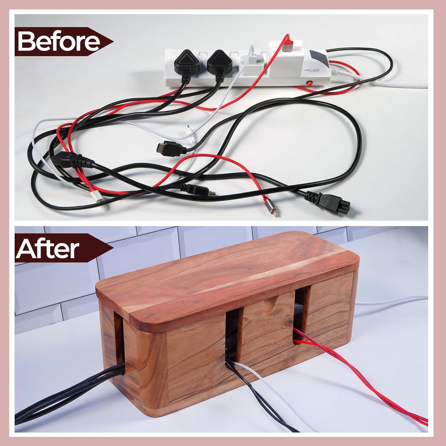 Luxe Designs Cable Management Box & Cord Organizer- Cable Organizer for Desk, Home, Office. Hides Wires, Surge Protectors,  Eco Friendly Mango Wood Cord Management Solution (Natural Acacia)