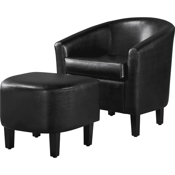 Renwick Barrel Accent Chair with Ottoman, Black Faux Leather