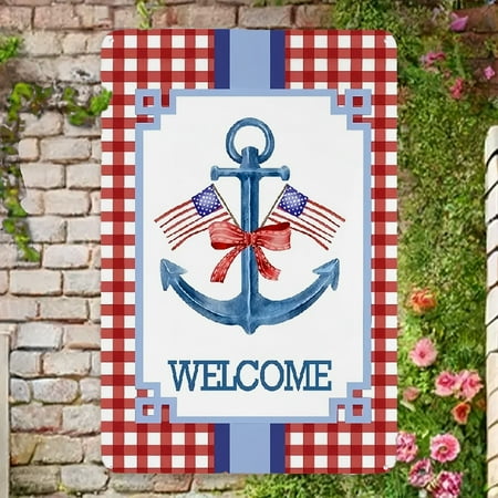 2D Door Sign, 1pc Preppy Chinoiserie 4th of July Metal Sign Outdoor Banner with Blue & White Porcelain Boat Anchor Print, American Flags & Checkered Design, Welcome Sign, 12x8 Inch Metal Tin Signs