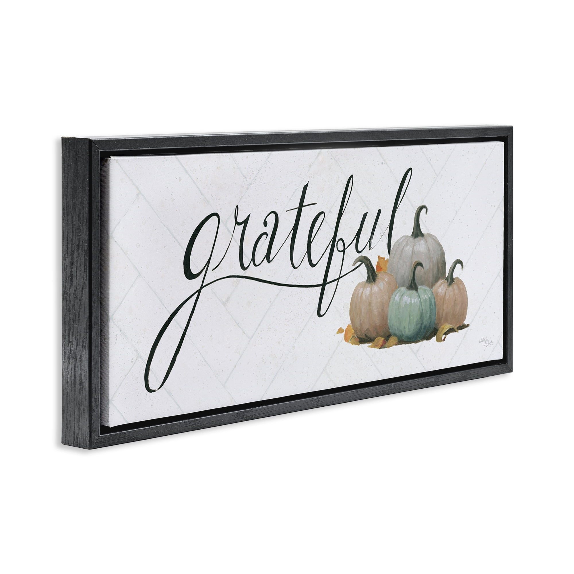 Stupell Industries Grateful with Pumpkins Typography Painting Black Floater Framed Canvas Art Prints Wall Art, 25 x 11