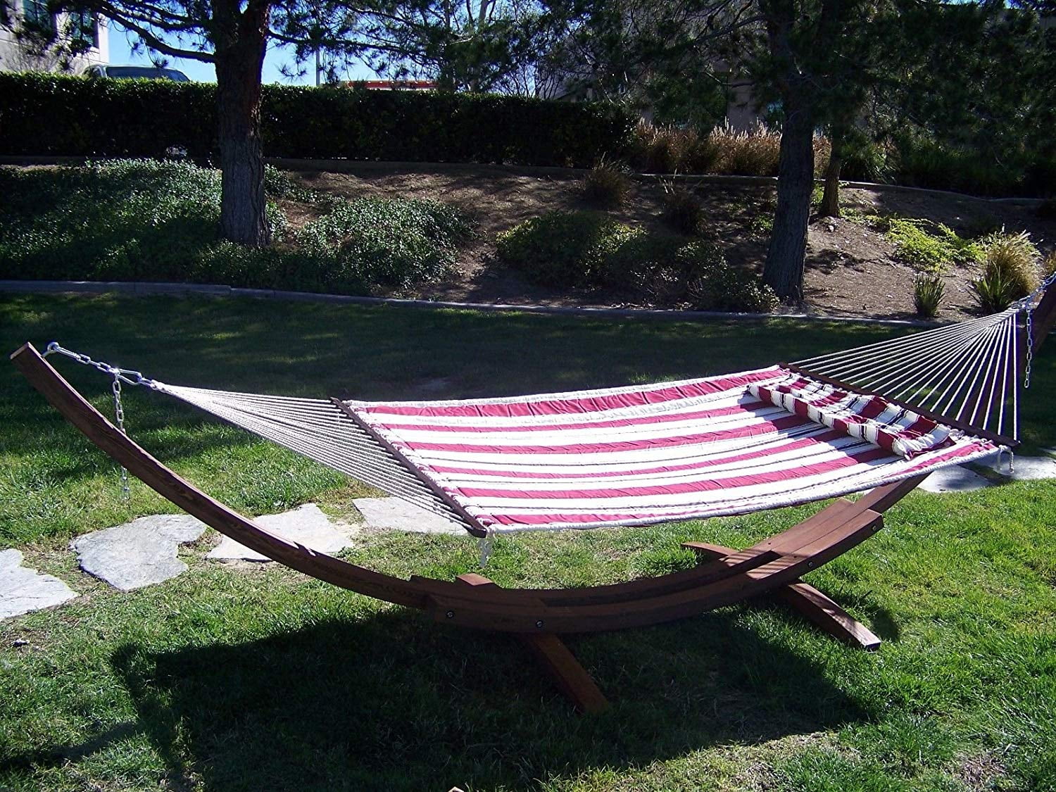 Petra Leisure 14 Ft. Coffee Stain Wooden Arc Hammock Stand + Deluxe Quilted Elegant Red Stripe, Double Padded Hammock Bed w/Pillow. 2 Person Bed. 450 LB Capacity&nbsp;
