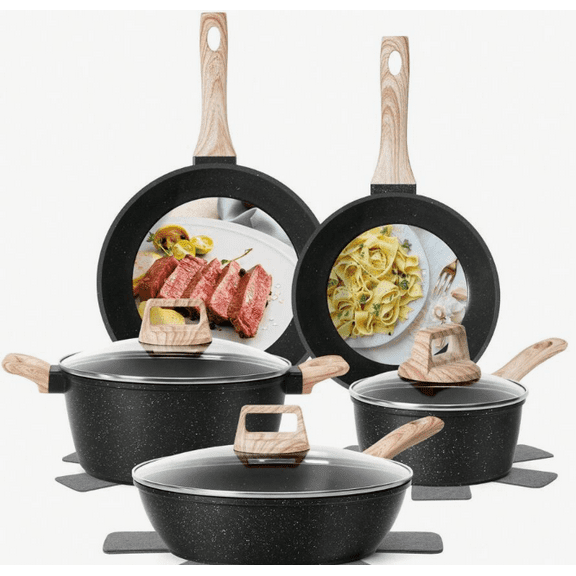 12 Pcs Nonstick Cookware Set - Induction Compatible Granite Coated Pots & Pans Kit With Frying Pans, Saucepans,Durable Aluminum Kitchen Set