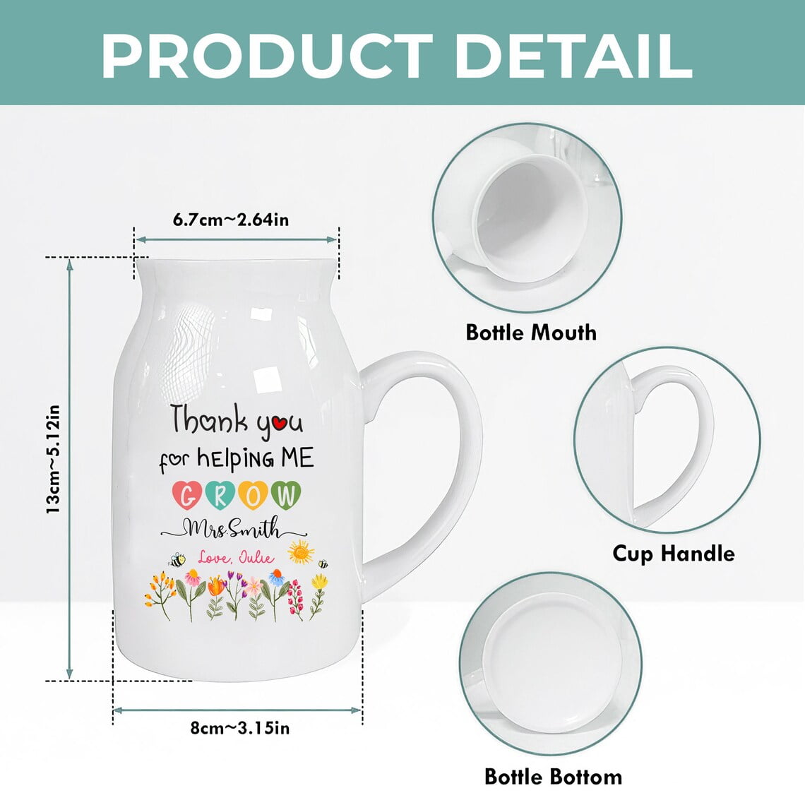 Personalized Teacher Flower Vase, Thank You Teacher Gift, Teacher Appreciation Mug Vase, Wildflower Vase with Custom Name