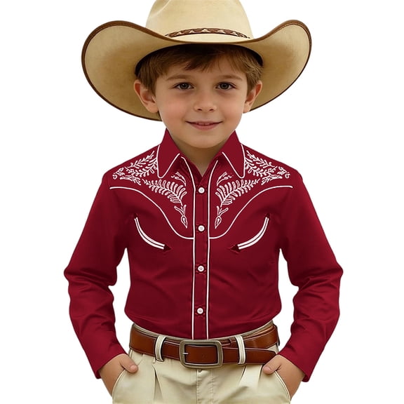 Tiijoy Boys Cowboy Shirt Western Cowboy Print Button-Down Long Sleeve Shirt, Sizes 4-13