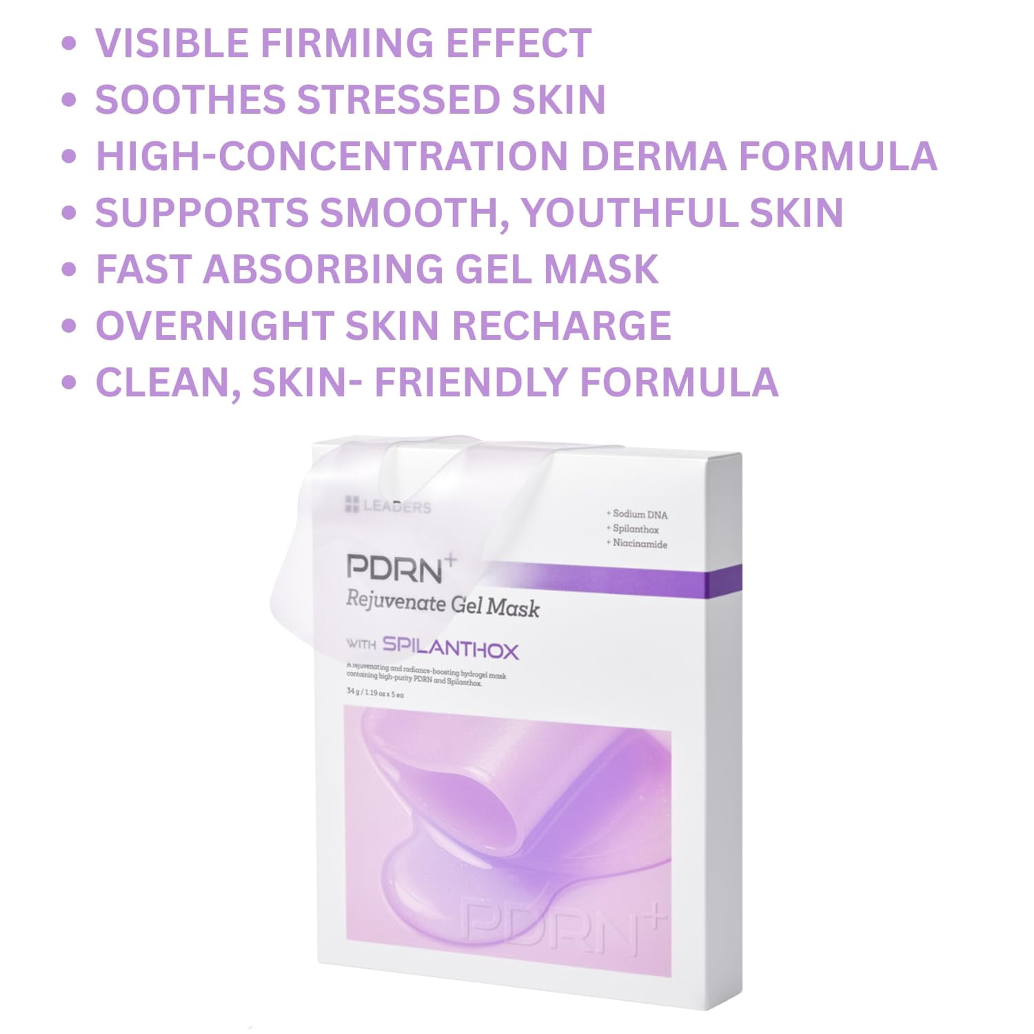 LEADERS PDRN+ Rejuvenate Gel Mask – Hydrogel Mask for Skin Firming & Elasticity, High-Purity PDRN & SPILANTHOX for Anti-Aging & Hydration – 5 Sheets