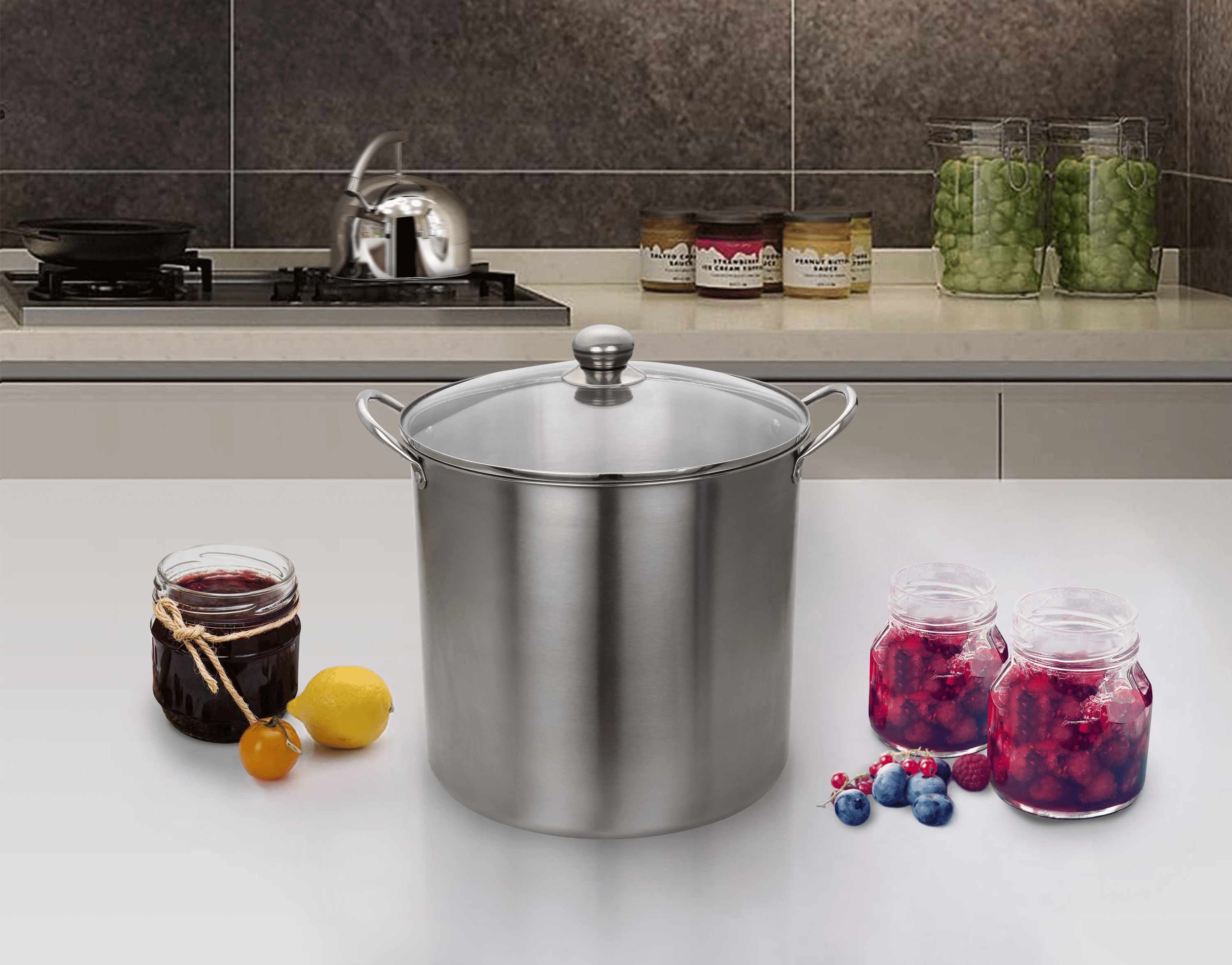 The Mainstays Stainless Steel 21.5 Quart Multi Use Food Canner with Tempered Glass Lid Silver