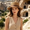 thumbnail image 4 of Fewfanhot Women Wide Brim Straw Boater Hat UPF Sun Protection Foldable Beach Fedora with Rhinestone Buckle Ribbon, 4 of 6