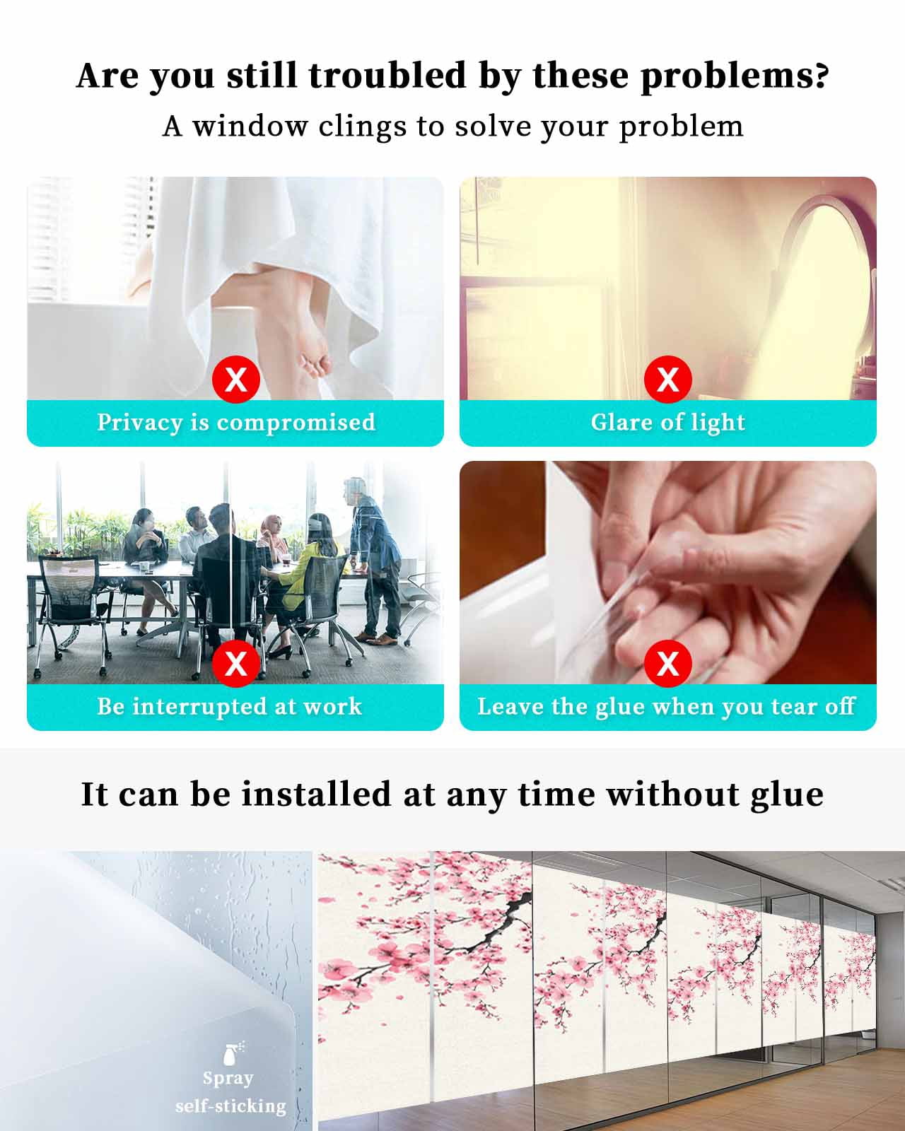 Window Privacy Film Cherry Blossoms Stained Glass Window Film Decorative Sun Block Window Cover Pink Flower Floral Spring Nature Country Window Clings Static Adhesive Sticker for Bathroom 29.5"x78.7"