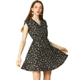 thumbnail image 1 of Vestido De Manga Corta Fluido Floral Con Cinturón Y Cuello En V Cruzado Bohemia Para Mujer Negro L, 1 of 6