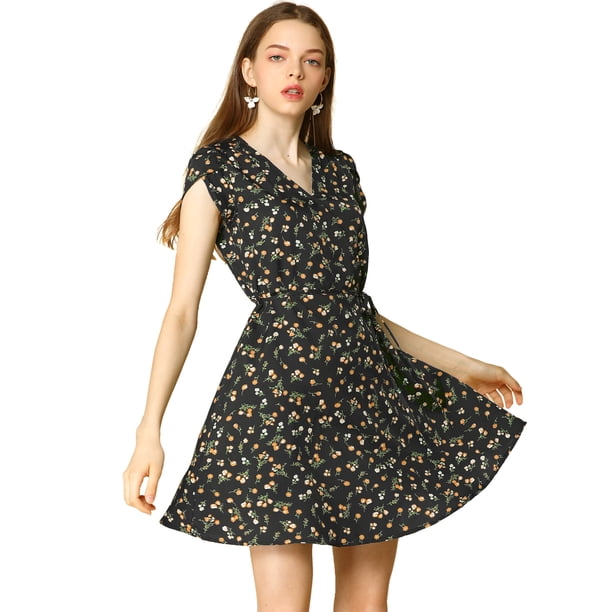 Vestido De Manga Corta Fluido Floral Con Cinturón Y Cuello En V Cruzado Bohemia Para Mujer Negro L