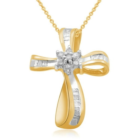 1/4 Carat T.W. Baguette and Round Diamond 18kt Yellow Gold over Sterling Silver Cross Pendant, 18