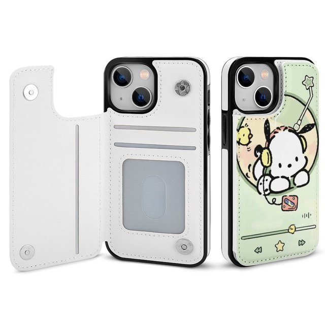 Funda Pochacco para iPhone 14 con tarjetero, tapa trasera tipo folio de piel sintética con función atril, ranuras para tarjetas, cierre magnético doble, antigolpes.