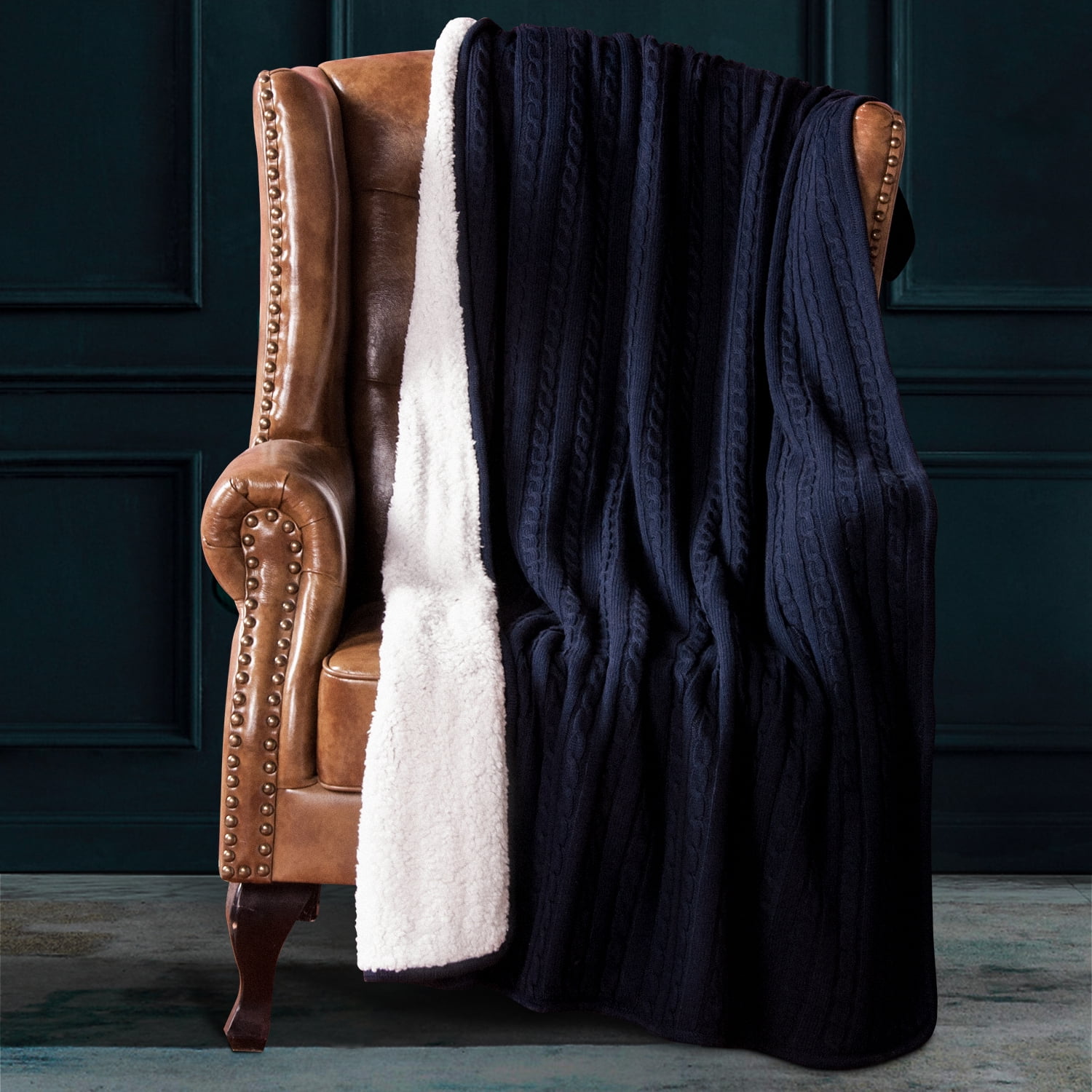 Ntbay Cotton Cable Knit Sherpa Twin Blanket for Couch, Soft Warm Fleece Knitted Throw for Bed, Sofa, Chair - Extra Cozy, Machine Washable, Comfortable Home Decor, 60"x80", Navy Blue