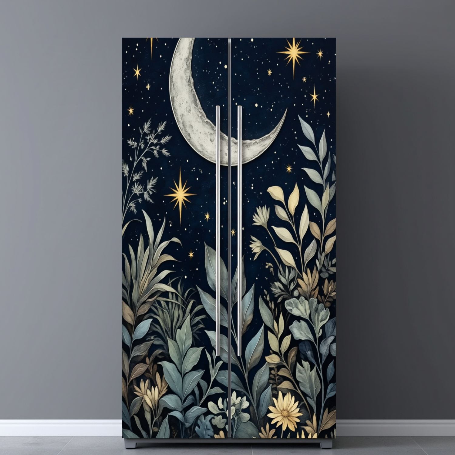 Self Adhesive Vinyl Refrigerator Wrap Set Night Sky Stars Floral Landscape Door Mural Removable Fridge Sticker Peel and Stick&nbsp;Full Door Cover Decal Kitchen Bar Decor