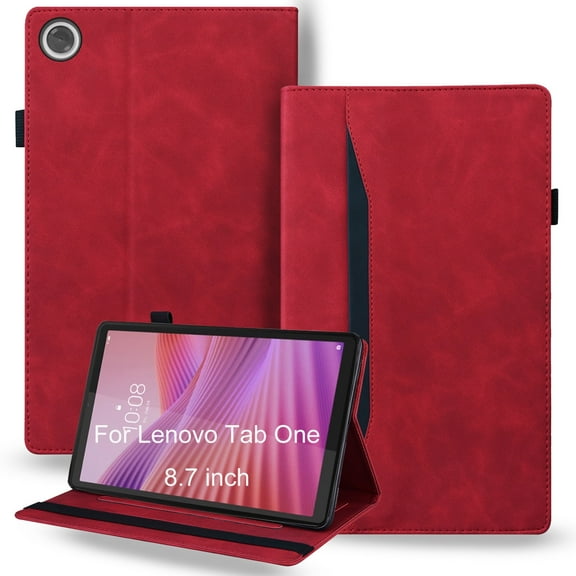 DWaybox Shockproof Case for Lenovo Tab One 8.7 inch 2025 Model - Retro PU Leather TPU Hybrid Protective Cover with Anti-Slip Grip Strap & Card Slots -Red