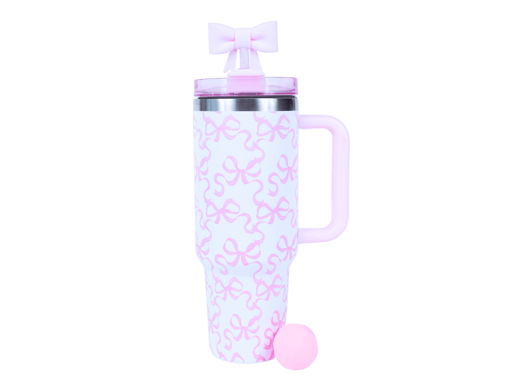 Hi Peach Layne Pink Bow Tumbler 40oz with Straw, Handle, & 30g Bath Bomb Inside, Limited Edition