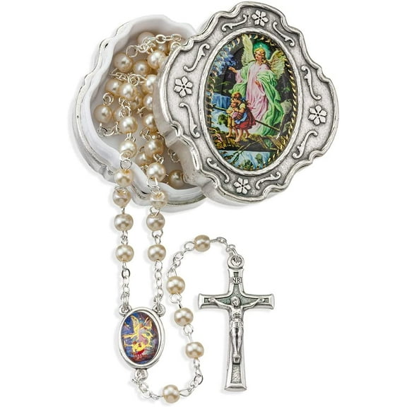 White Glass Bead Guardian Angel Rosary in a Metal Box