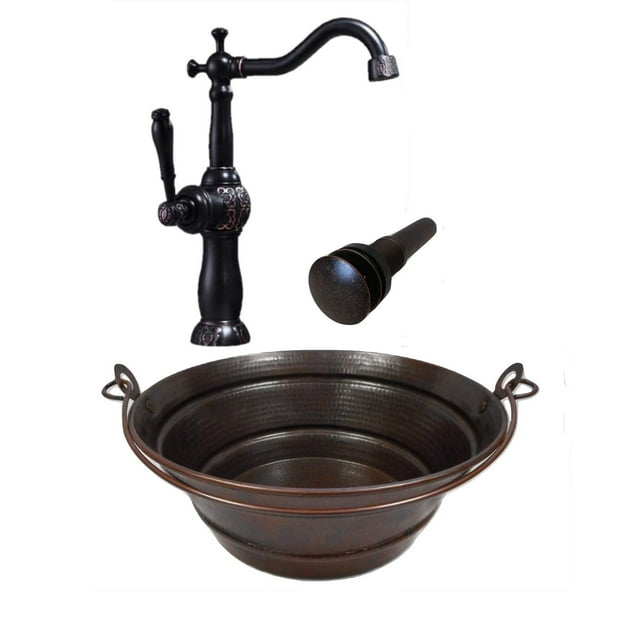 SimplyCopper Robinet de Seau Rond Vintage 15 Pouces en Cuivre avec Évier de Vidange et Remplisseur de Récipient en Argile 13 Pouces
