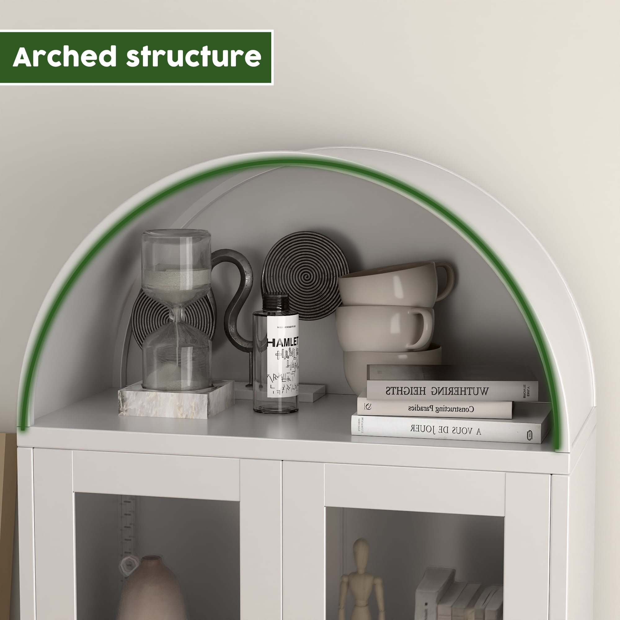 GangMei 73" Tall Metal Arched Cabinet, Kitchen Pantry Cabinet with Glass Door, Modern Farmhouse Display Cabinet with 2 Adjustable Shelves for Dining Room and Living Room, White, Assembly Required