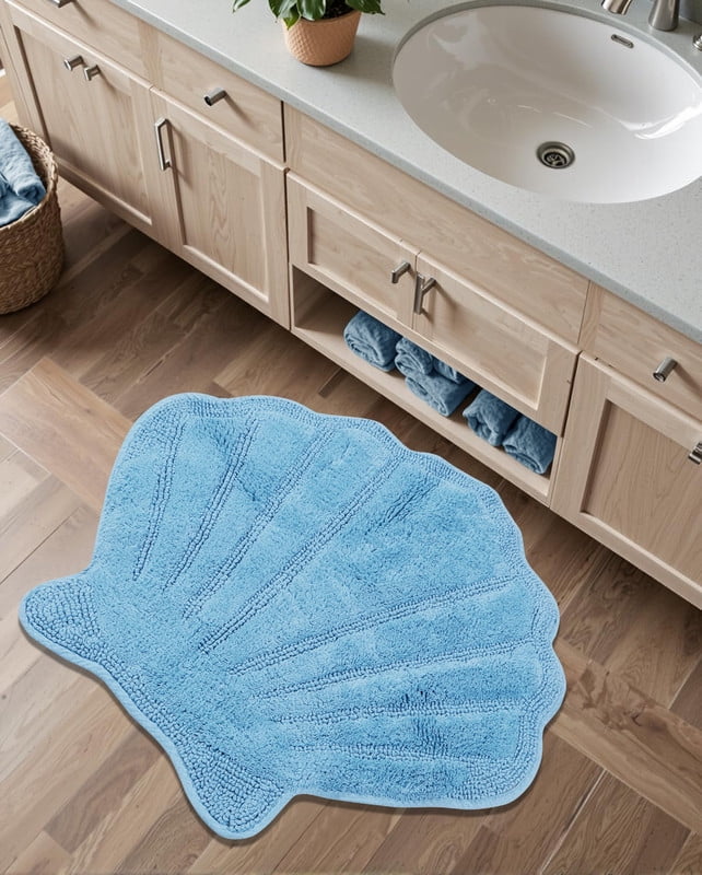 Better Trends Seashell Bath Rug 100% Cotton Cute Beach Theme Bathroom Mat, Soft & Absorbent, Reversible, Washable Mat, Blue Sea Decor for Kids & Home