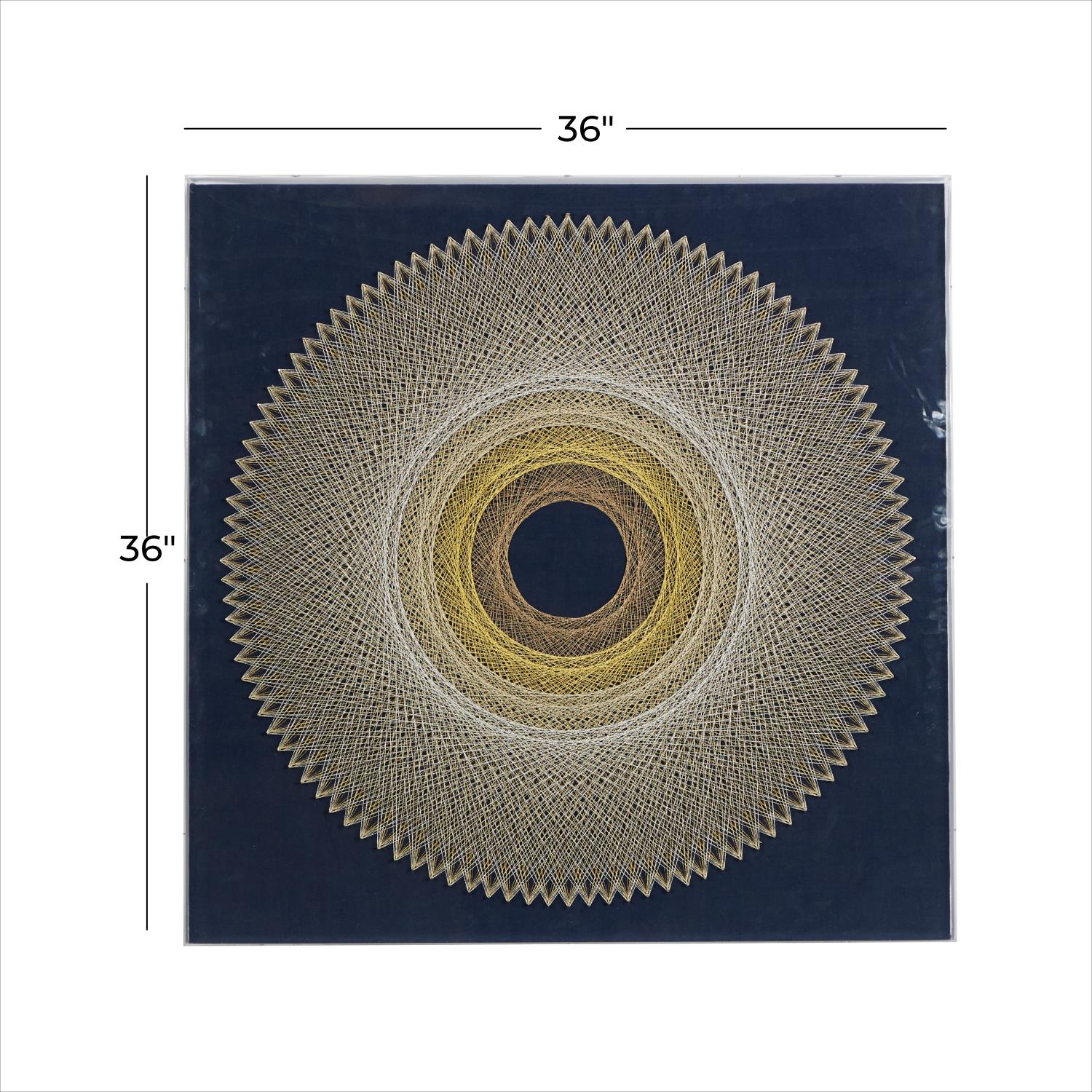 36" x 36" Blue Geometric Handmade Circular String Art Shadow Box with Canvas Backing, by DecMode
