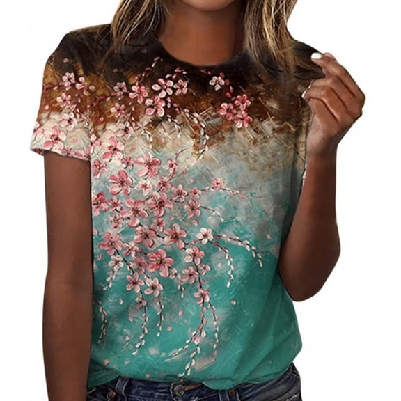 LYMAYTER Women Casual T-Shirts Summer Print Crew Neck Short Sleeve Breathable Loose for Tees Top XXS-6XL