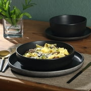 Gibson Soho Lounge Pasco 16 Piece (Service for 4) Plates and Bowls Double Bowl Reactive Glaze Dishes Stoneware Ceramic Dinnerware Set - Black