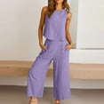 thumbnail image 3 of Lovskoo 2 Piece Outfits for Women Summer Cotton Linen Casual Matching Set Sleeveless Tank Tops And Capri Pants with Pockets Purple, 3 of 9