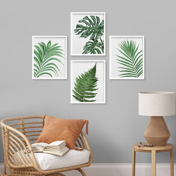 PixonSign Framed Wall Art Green Palm Leaf Forest Fern Posters, Set of 4 Nature Wilderness Tropical Plants Canvas Prints, Floral Botanical Illustrations Wall Décor for Home - 11"x14" Black