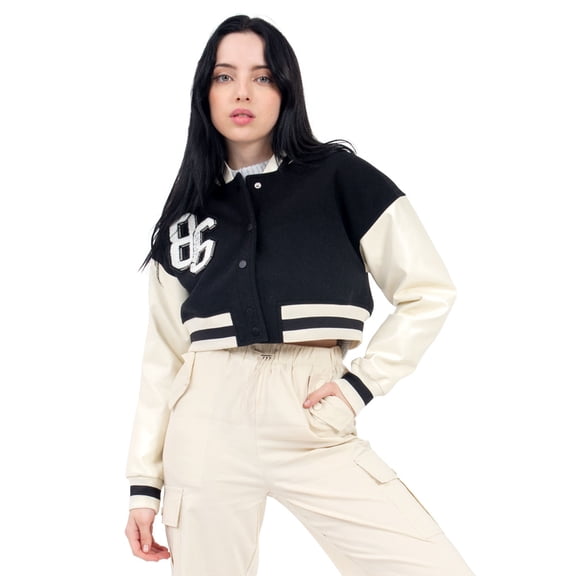 Chamarra Para Mujer Bomber Varsity Mangas Pu Quarry Color Negro