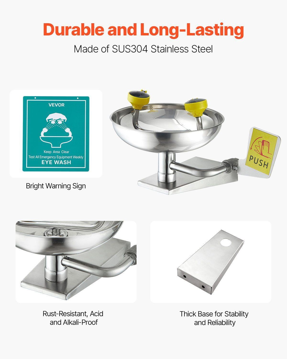 Stainless Steel Wall Mounted Emergency Eye Wash Station 16.14x12.99x9.45 Inches for Lab Factory School Construction Site First Aid